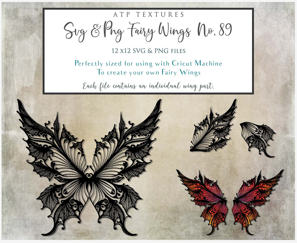 SVG & PNG Fairy/Angel Wing files for Cricut, Silhouette Cameo and other Cutting Machines. Create wearable fairy wings, all sizes. Perfect for Halloween Costumes, Fantasy, Cosplay, Photography. Prints, Wedding, Engagement, Baby Shower invitations, Sublimation Printing, Clip Art and more. Cut and assemble. ATP Textures.