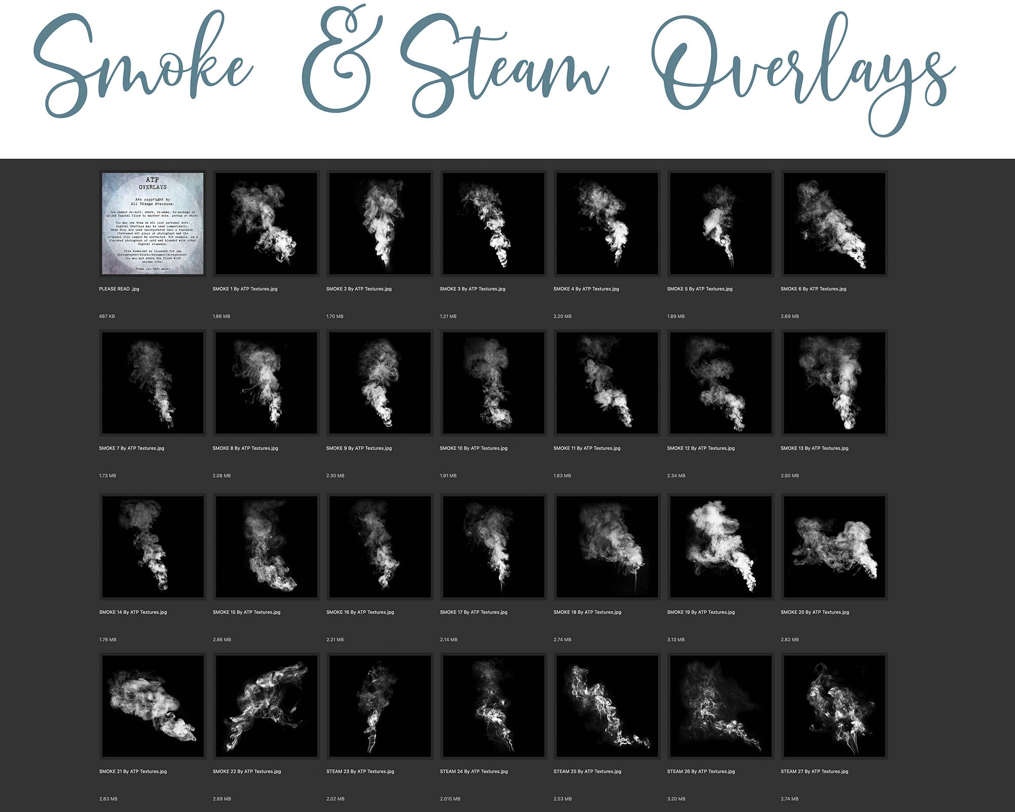 Smoke and Steam Overlays &Brushes! Photoshop brushes with png clipart overlays for photography and digital design. Digital Stamps for scrapbooking, photography and graphic design. Assets and Add ons. High resolution digital files. ATP Textures