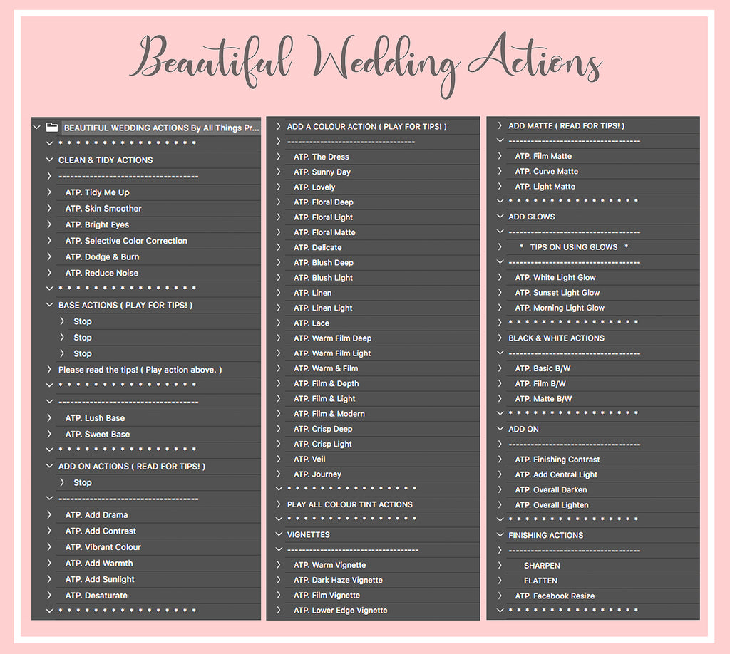Photoshop Actions for Photography Edits. PS atn files are compatible with all versions of photoshop above CS6. Photoshop Actions for professional photographers, photo edits and Instagram influencers. Warm, Rich, light, Matte. For Wedding, Newborn, Studio Photography. By ATP Textures
