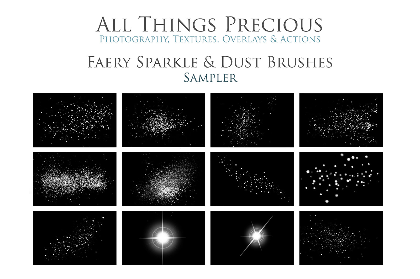 Magical Fairy sparkle and dust Photoshop brushes for photography and digital design.  Digital Stamps for scrapbooking, photography and graphic design. Assets and Add ons. High resolution digital files.  ATP Textures 