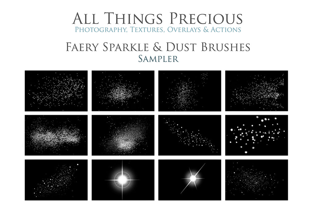 Magical Fairy sparkle and dust Photoshop brushes for photography and digital design.  Digital Stamps for scrapbooking, photography and graphic design. Assets and Add ons. High resolution digital files.  ATP Textures 