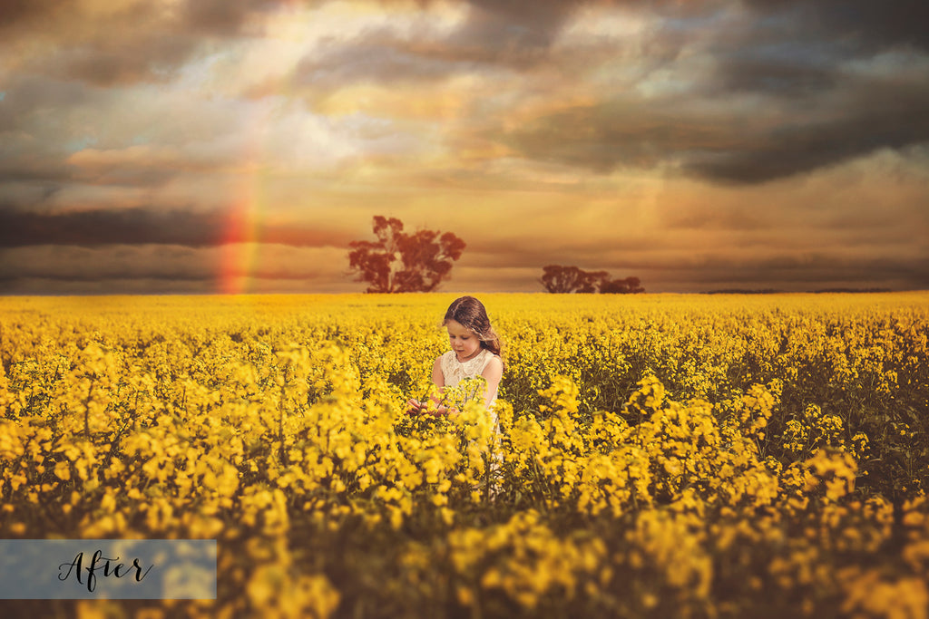 Rainbow sky overlay on a photograph of a girl in a field.