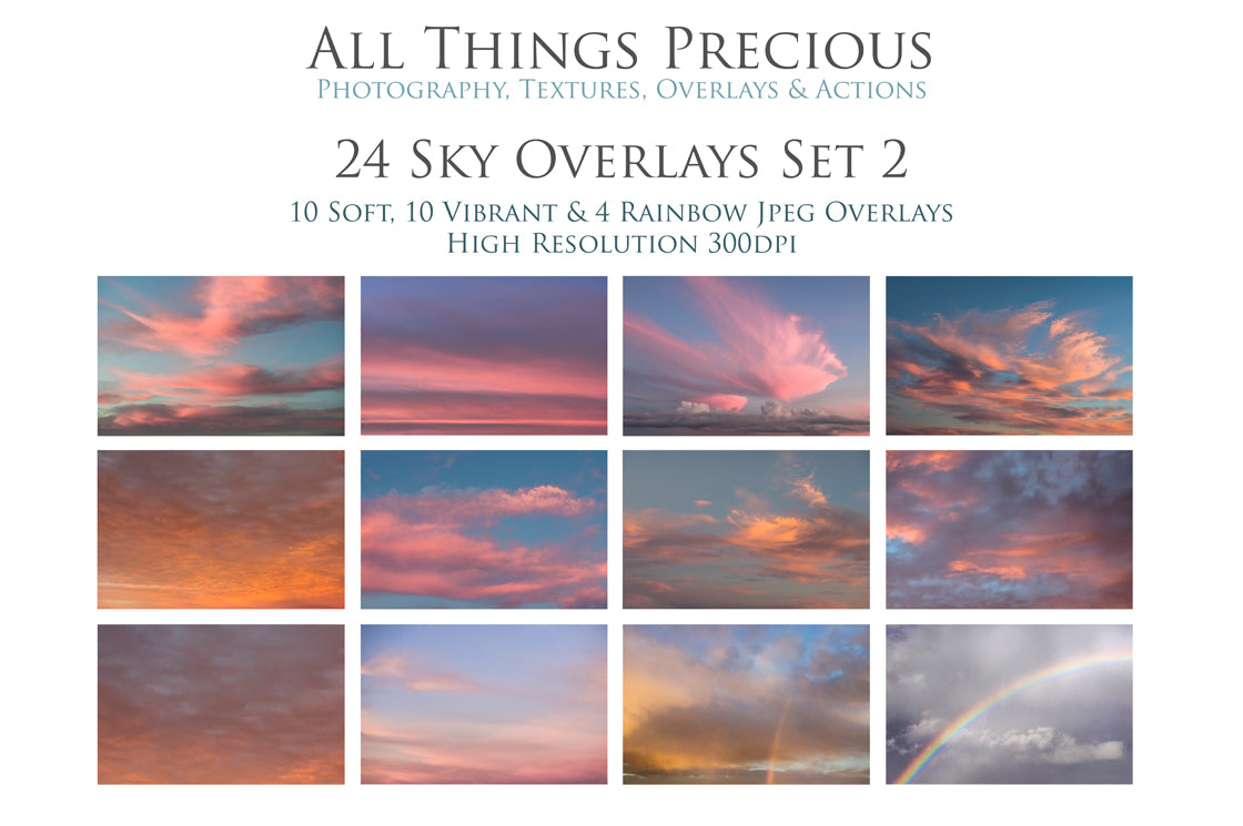 Vibrant Sky Overlays For Photographers, Photoshop, Digital art and Creatives. High resolution for photography and wall art print. These are gorgeous Photography overlays for fantasy digital art and Child portraiture. Landscape clouds with sunset, sunrise and flare. Graphic digital assets for design. Atp Textures