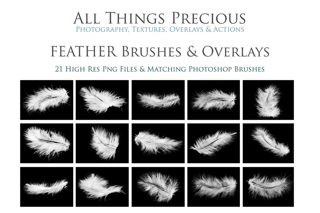 This set of Overlays & Photoshop Brushes includes 21 PNG Feathers, all different and unique! Photoshop brushes with png clipart overlays for photography and digital design. Digital Stamps for scrapbooking, photography and graphic design. Realistic photography. Assets and Add ons. High resolution. ATP Textures