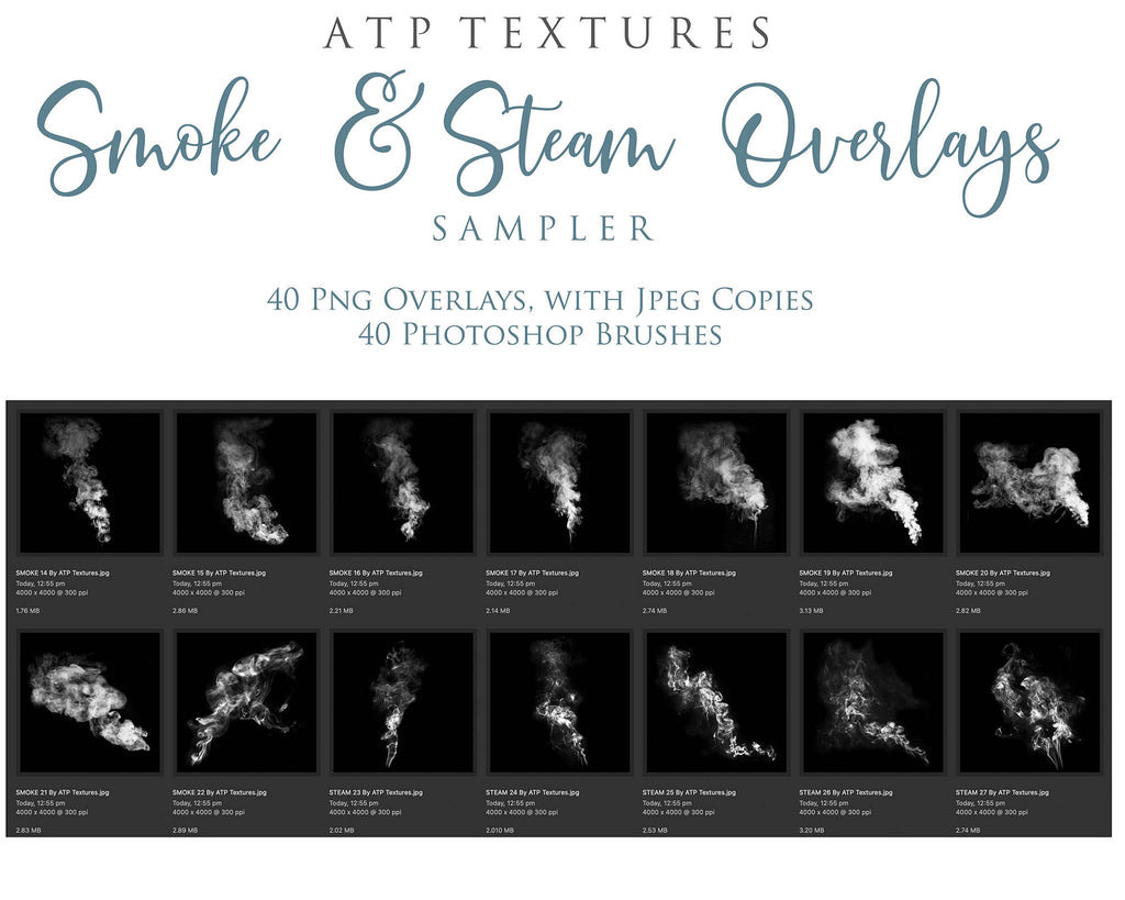 Smoke and Steam Overlays &Brushes! Photoshop brushes with png clipart overlays for photography and digital design. Digital Stamps for scrapbooking, photography and graphic design. Assets and Add ons. High resolution digital files. ATP Textures