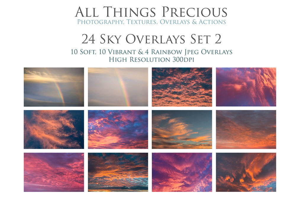 Vibrant Sky Overlays For Photographers, Photoshop, Digital art and Creatives. High resolution for photography and wall art print. These are gorgeous Photography overlays for fantasy digital art and Child portraiture. Landscape clouds with sunset, sunrise and flare. Graphic digital assets for design. Atp Textures