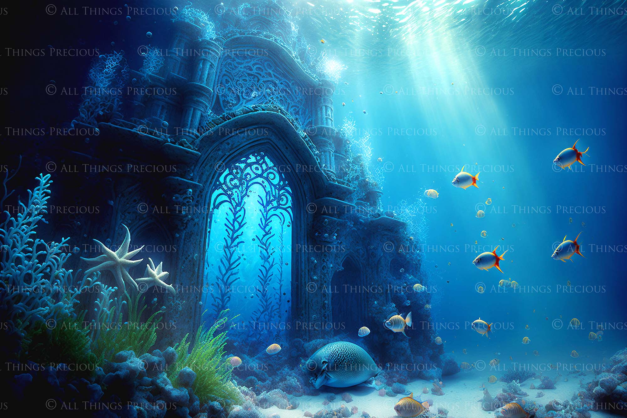 Underwater digital background. For Photography, mermaid edits, Digital Scrapbooking or Print. High resolution, digital download file. Fish, Under water ruins and coral.