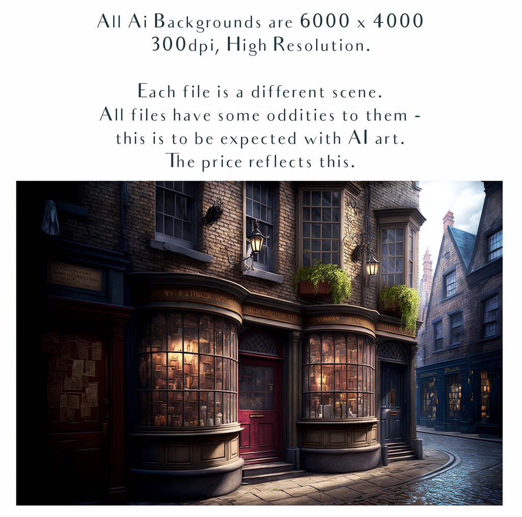 Wizard Diagon Alley digital background. High resolution harry potter themed digital backdrops made in AI. With old english shops, cobbled streets and magical lighting, these would make beautiful backdrops.