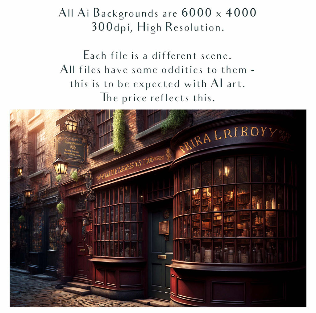 Wizard Diagon Alley digital background. High resolution harry potter themed digital backdrops made in AI. With old english shops, cobbled streets and magical lighting, these would make beautiful backdrops.