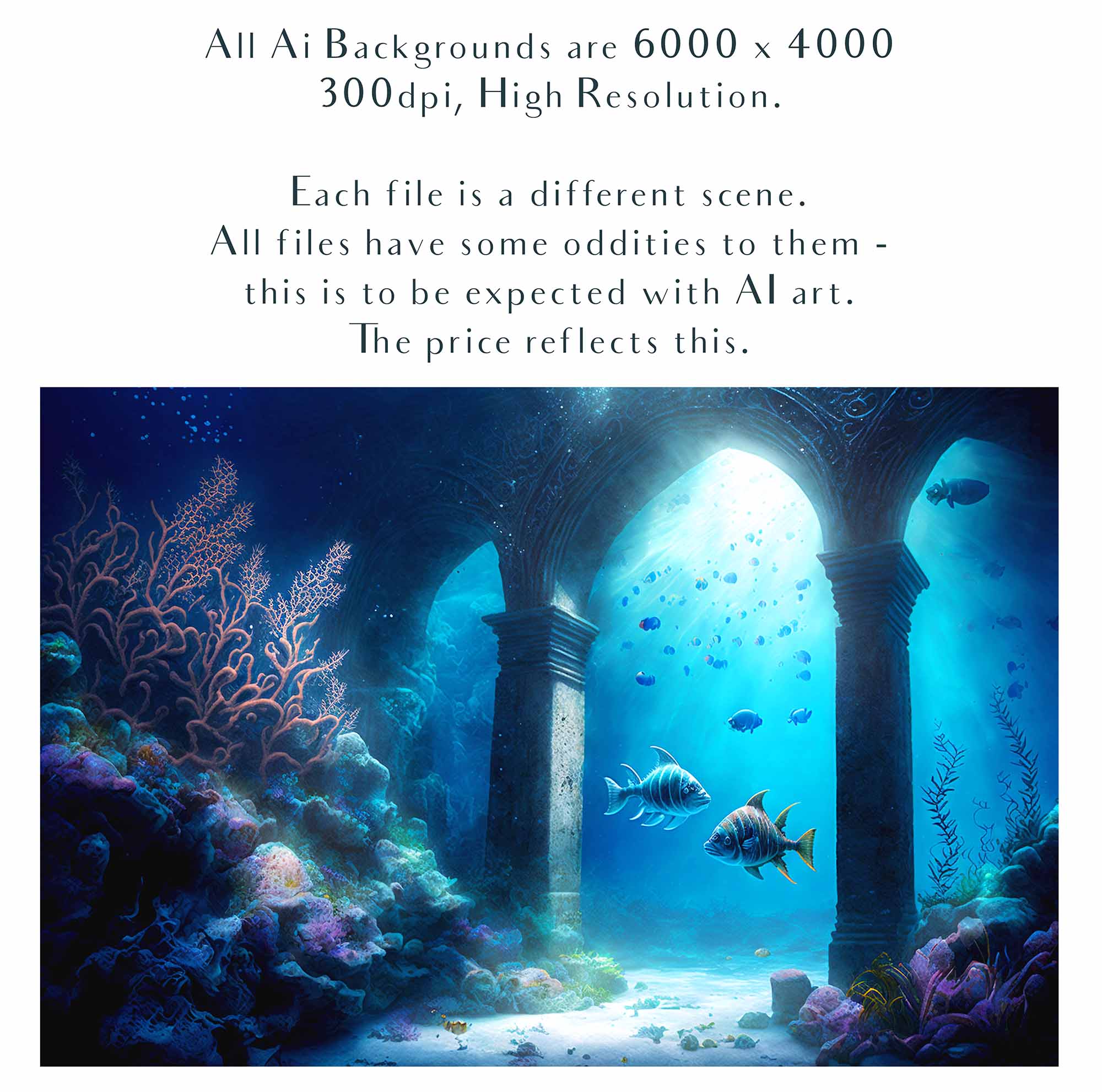 Underwater digital background. For Photography, mermaid edits, Digital Scrapbooking or Print. High resolution, digital download file. Fish, Under water ruins and coral.