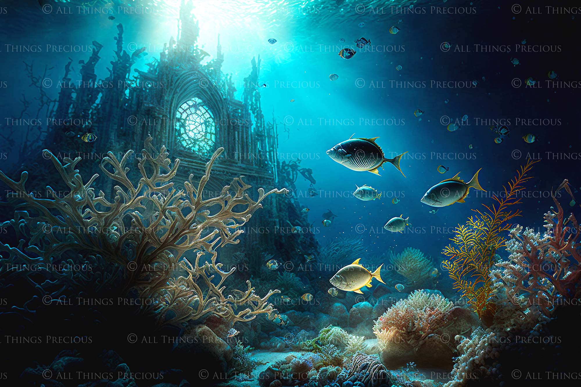 Underwater digital background. For Photography, mermaid edits, Digital Scrapbooking or Print. High resolution, digital download file. Fish, Under water ruins and coral.