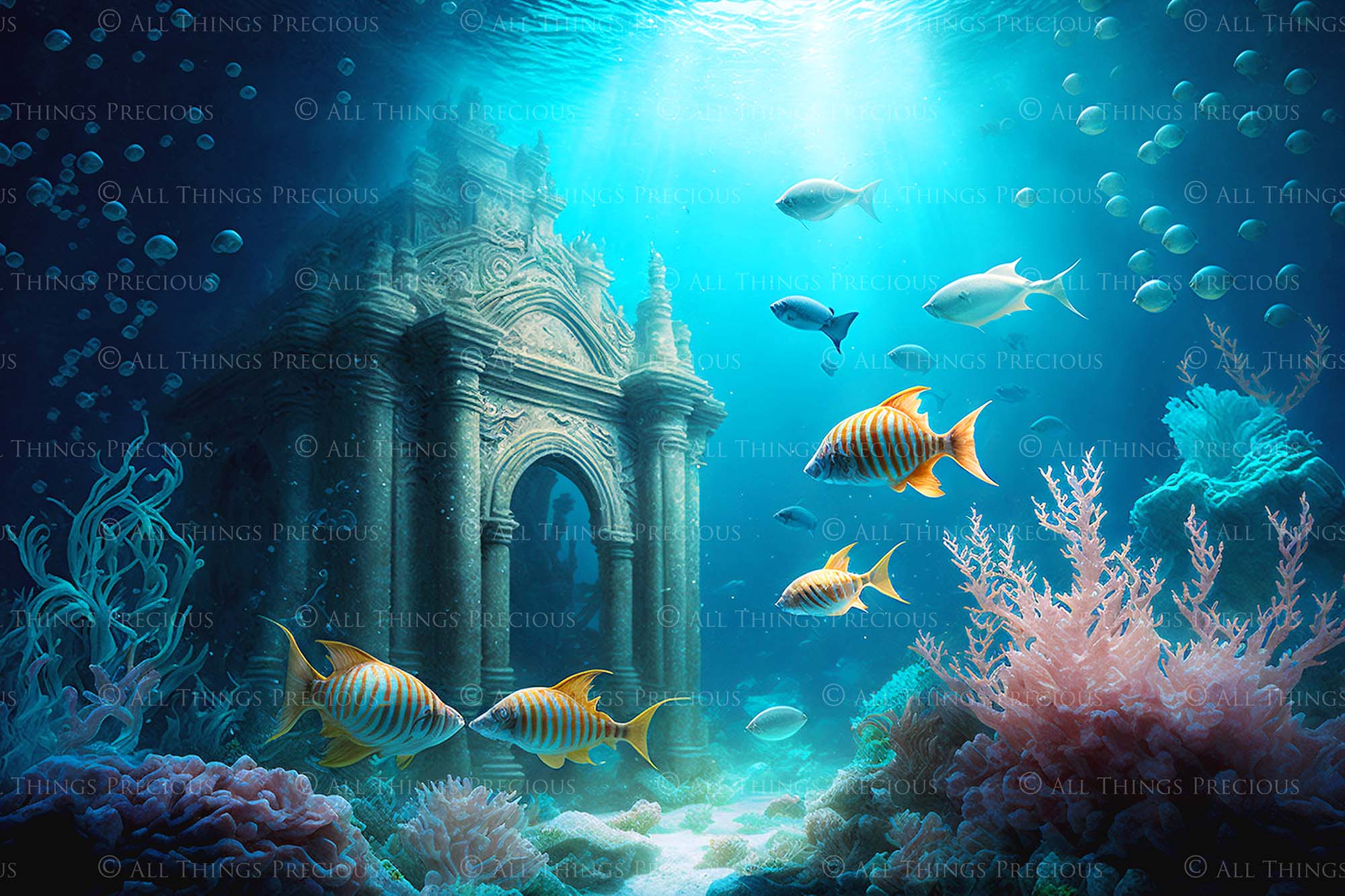 Underwater digital background. For Photography, mermaid edits, Digital Scrapbooking or Print. High resolution, digital download file. Fish, Under water ruins and coral.