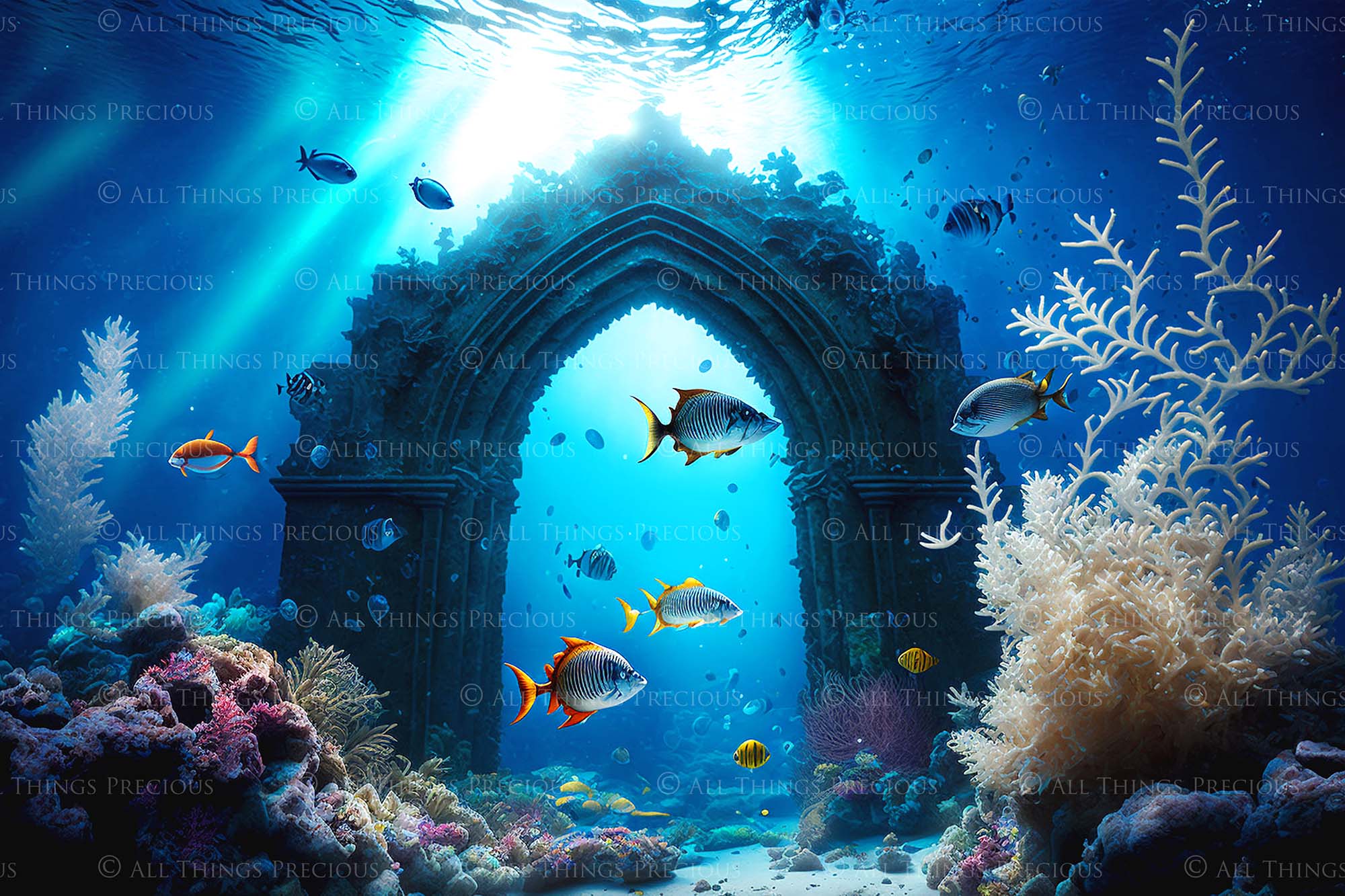 Underwater digital background. For Photography, mermaid edits, Digital Scrapbooking or Print. High resolution, digital download file. Fish, Under water ruins and coral.