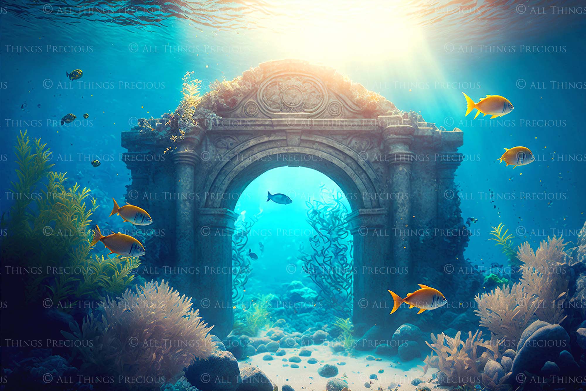 Underwater digital background. For Photography, mermaid edits, Digital Scrapbooking or Print. High resolution, digital download file. Fish, Under water ruins and coral.