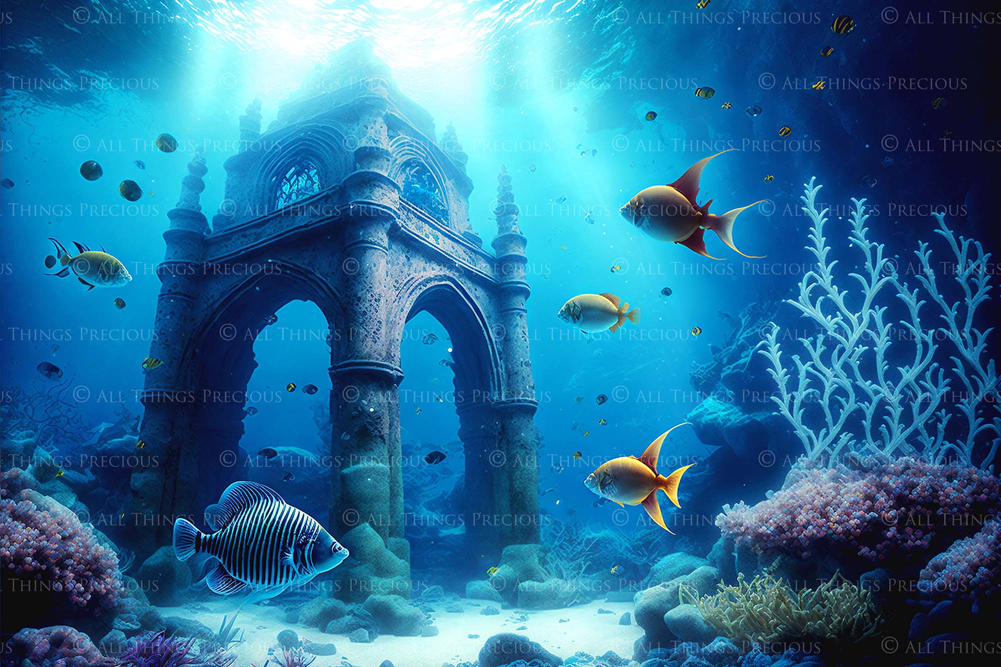 Underwater digital background. For Photography, mermaid edits, Digital Scrapbooking or Print. High resolution, digital download file. Fish, Under water ruins and coral.