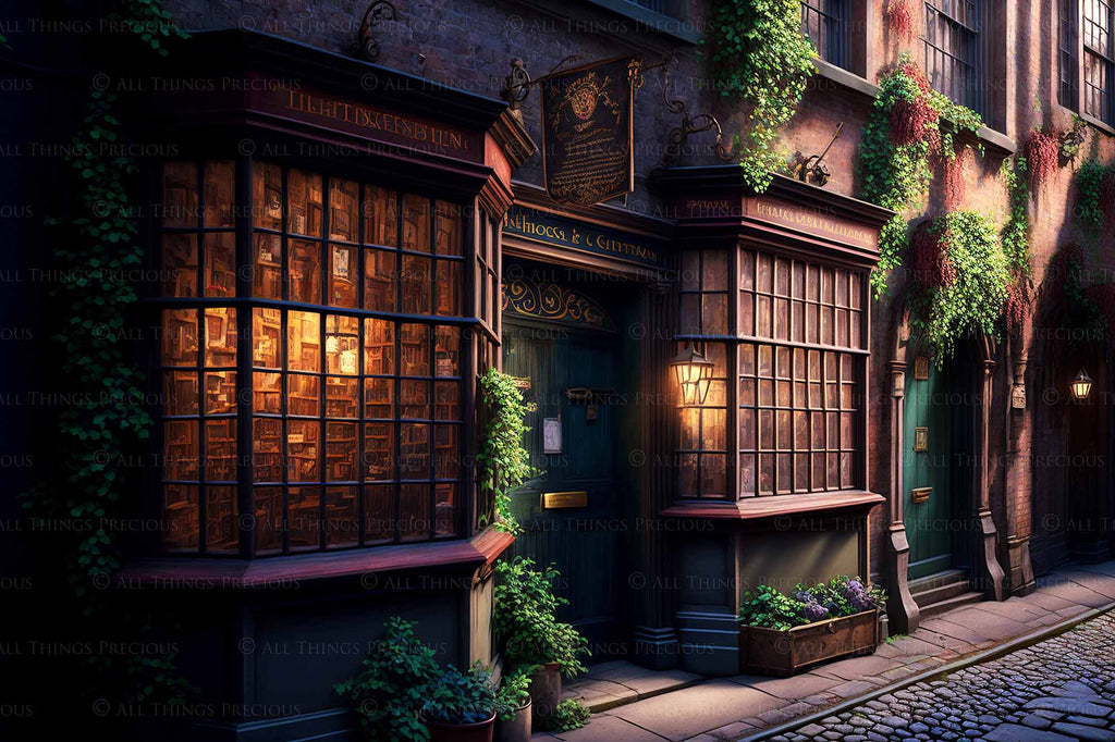 Wizard Diagon Alley digital background. High resolution harry potter themed digital backdrops made in AI. With old english shops, cobbled streets and magical lighting, these would make beautiful backdrops.