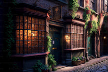 Load image into Gallery viewer, Wizard Diagon Alley digital background. High resolution harry potter themed digital backdrops made in AI. With old english shops, cobbled streets and magical lighting, these would make beautiful backdrops.
