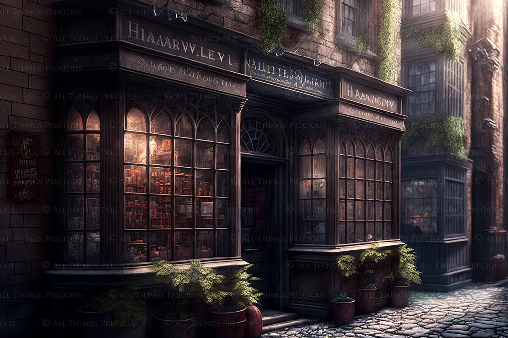 Wizard Diagon Alley digital background. High resolution harry potter themed digital backdrops made in AI. With old english shops, cobbled streets and magical lighting, these would make beautiful backdrops.