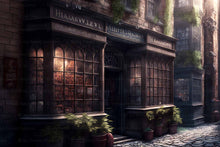 Load image into Gallery viewer, Wizard Diagon Alley digital background. High resolution harry potter themed digital backdrops made in AI. With old english shops, cobbled streets and magical lighting, these would make beautiful backdrops.
