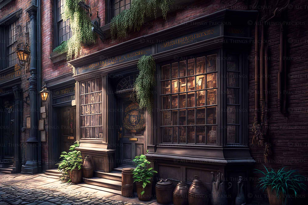 Wizard Diagon Alley digital background. High resolution harry potter themed digital backdrops made in AI. With old english shops, cobbled streets and magical lighting, these would make beautiful backdrops.