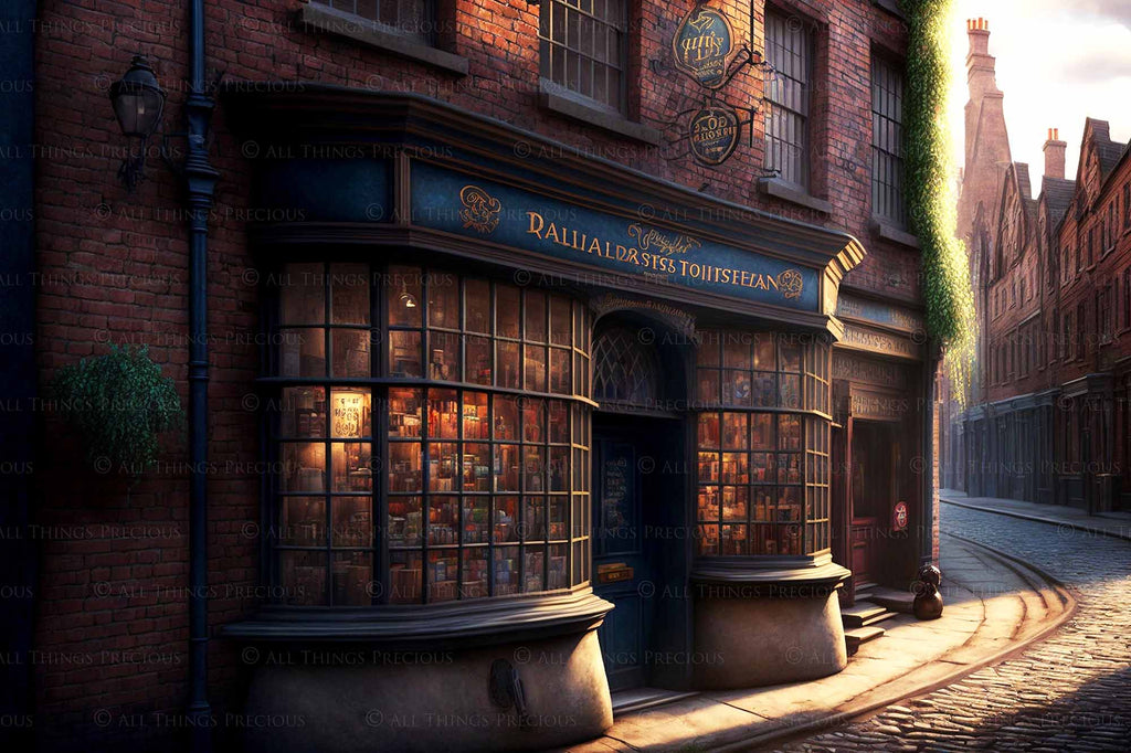 Wizard Diagon Alley digital background. High resolution harry potter themed digital backdrops made in AI. With old english shops, cobbled streets and magical lighting, these would make beautiful backdrops.