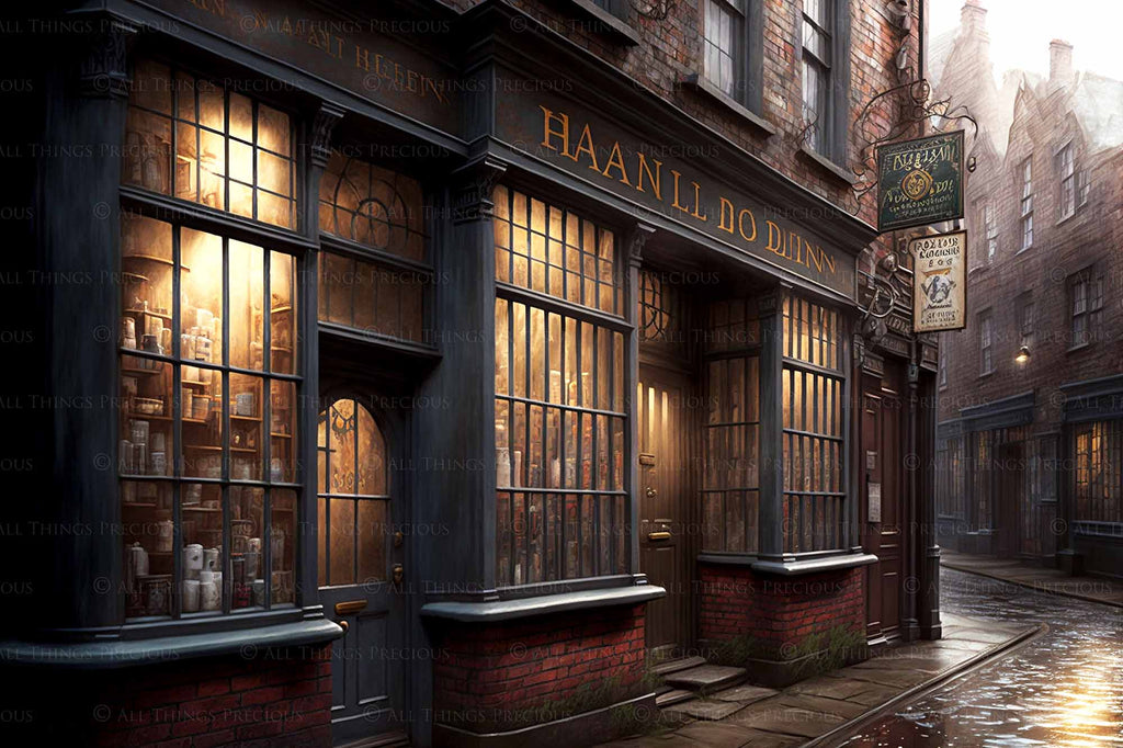 Wizard Diagon Alley digital background. High resolution harry potter themed digital backdrops made in AI. With old english shops, cobbled streets and magical lighting, these would make beautiful backdrops.