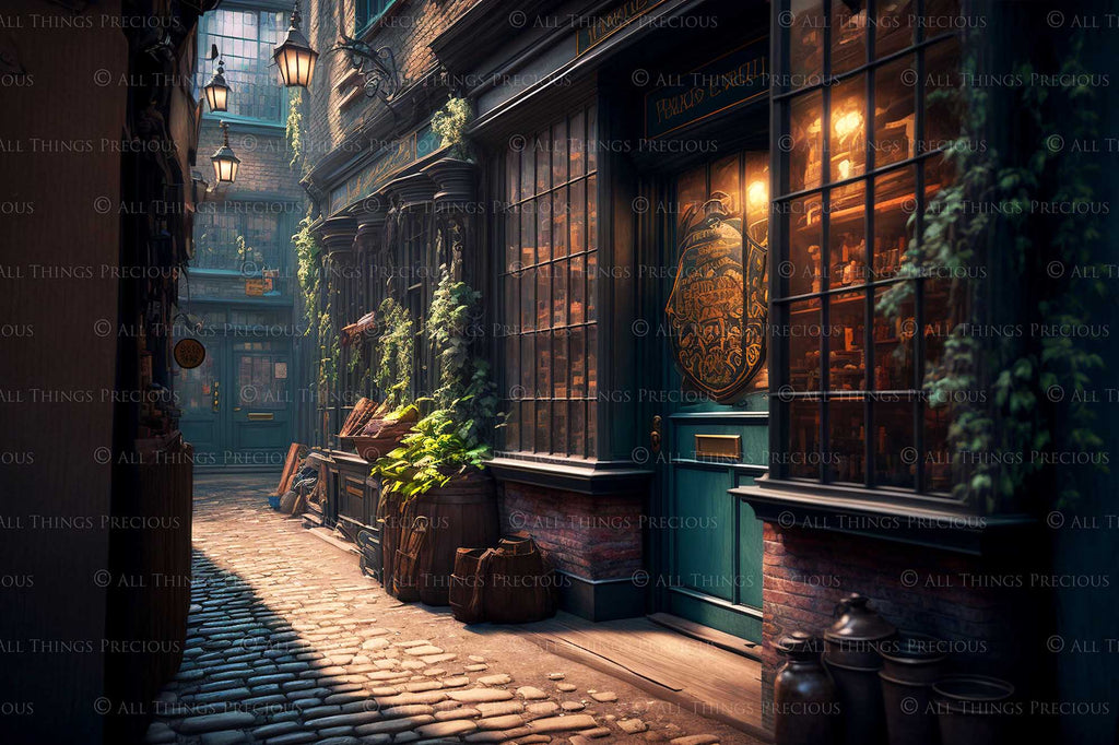 Wizard Diagon Alley digital background. High resolution harry potter themed digital backdrops made in AI. With old english shops, cobbled streets and magical lighting, these would make beautiful backdrops.