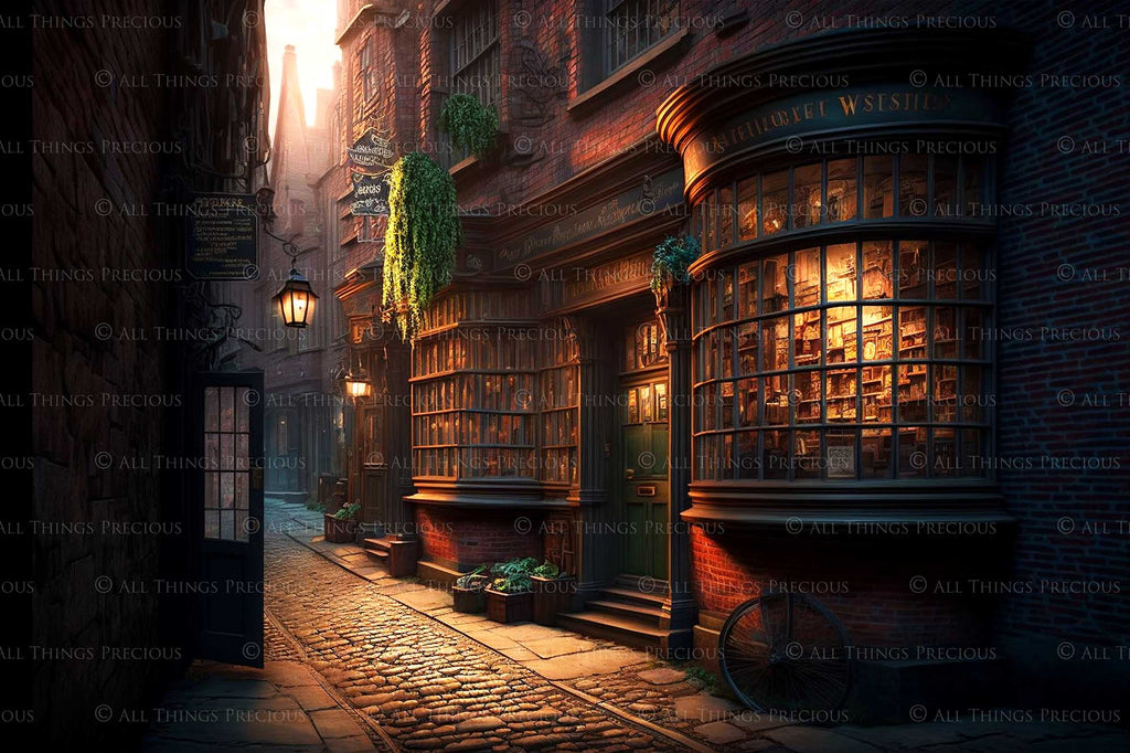 Wizard Diagon Alley digital background. High resolution harry potter themed digital backdrops made in AI. With old english shops, cobbled streets and magical lighting, these would make beautiful backdrops.