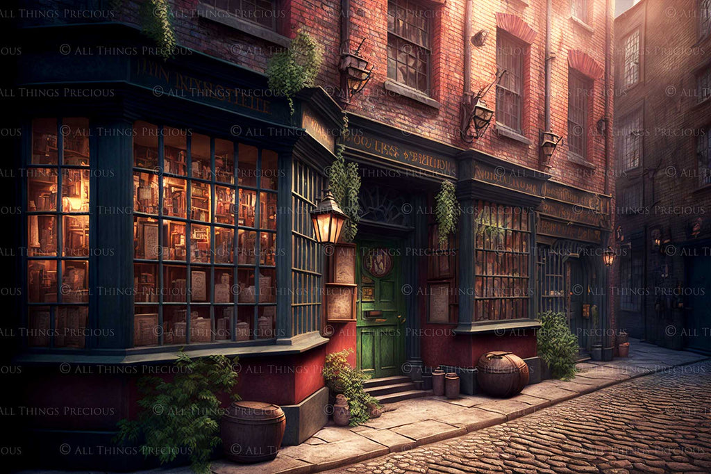 Wizard Diagon Alley digital background. High resolution harry potter themed digital backdrops made in AI. With old english shops, cobbled streets and magical lighting, these would make beautiful backdrops.