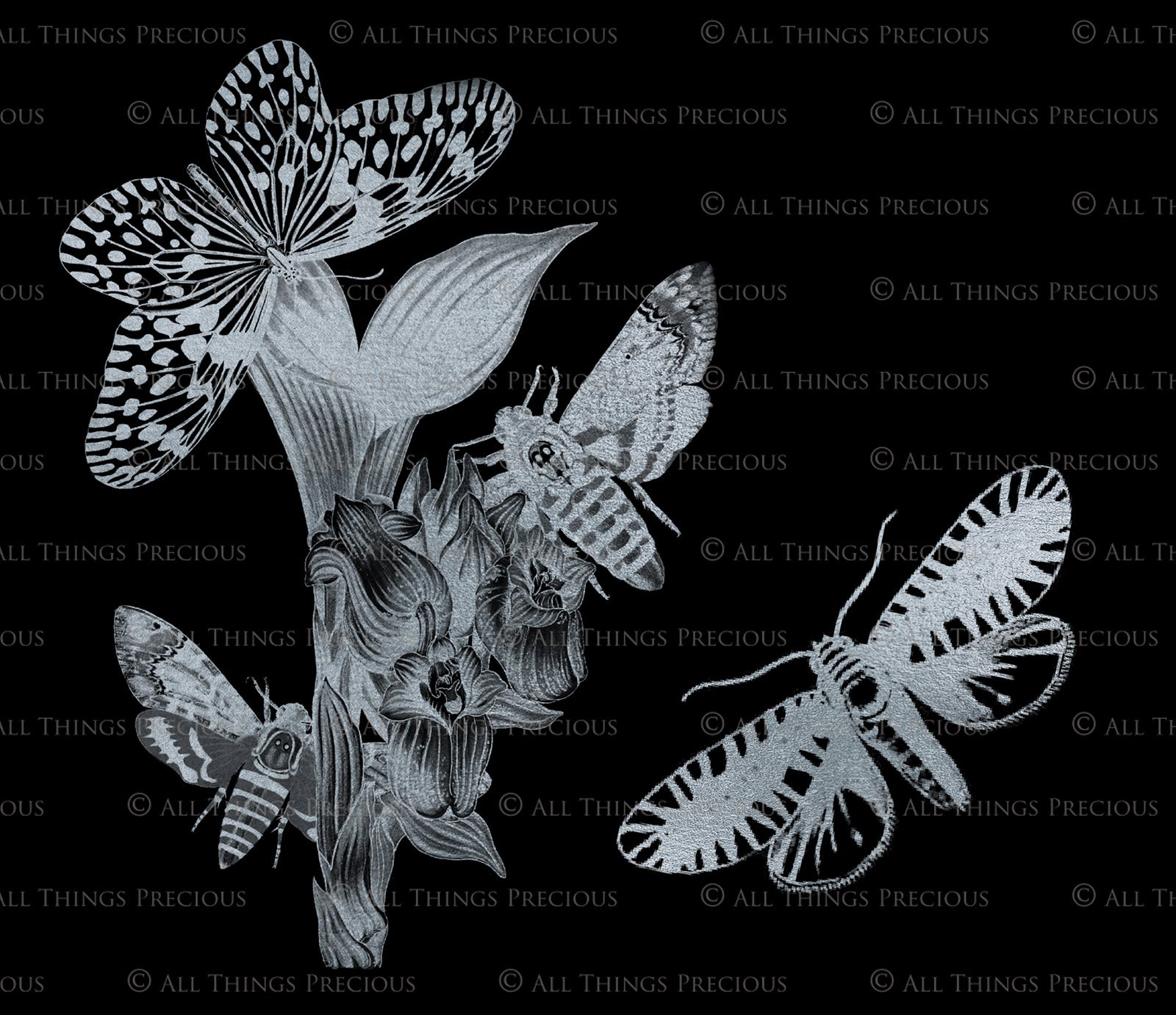 SILVER FOIL VINTAGE BUTTERFLIES - Clipart
