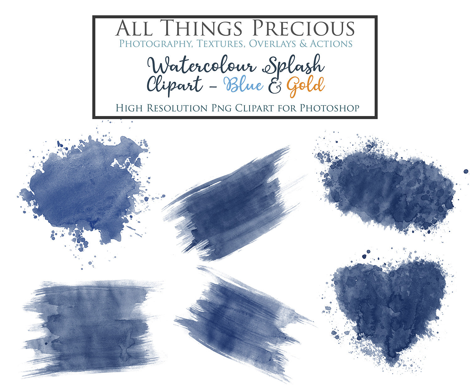 WATERCOLOUR SPLASH & SPLATTER - Gold & Blue - Clipart