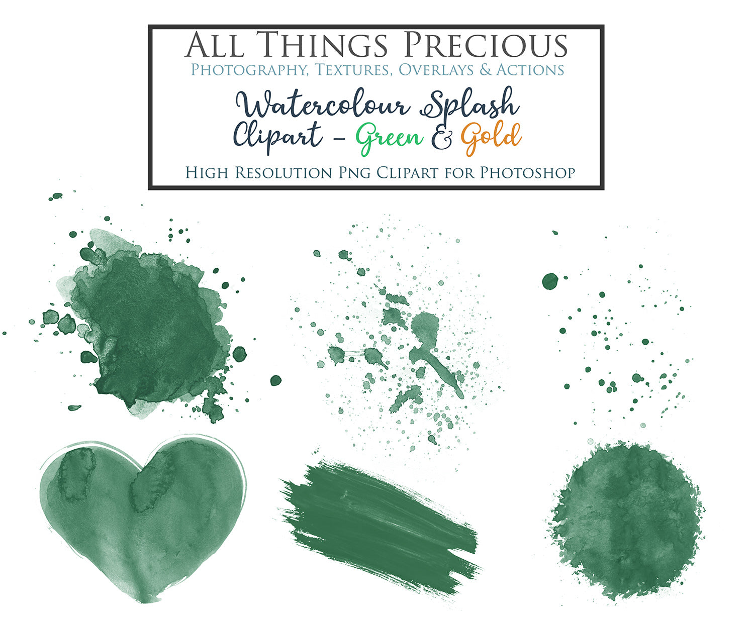 WATERCOLOUR SPLASH & SPLATTER - Gold & Green - Clipart