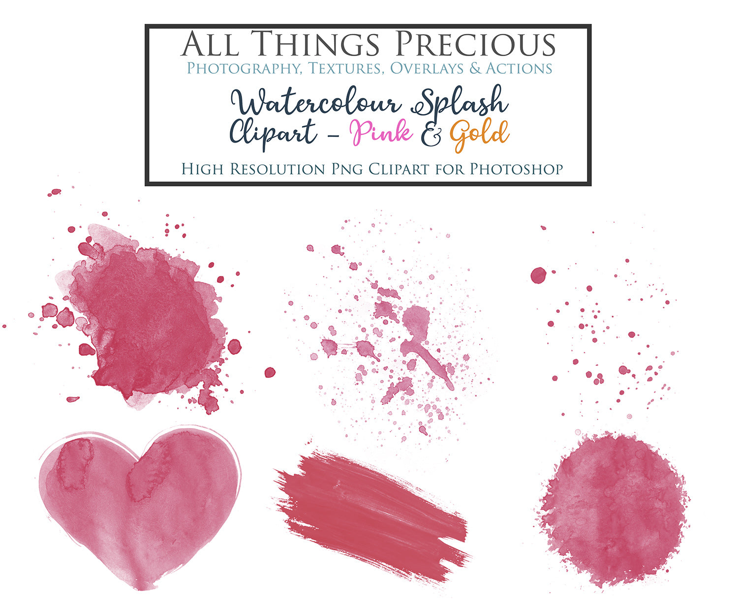 WATERCOLOUR SPLASH & SPLATTER - Gold & Pink - Clipart