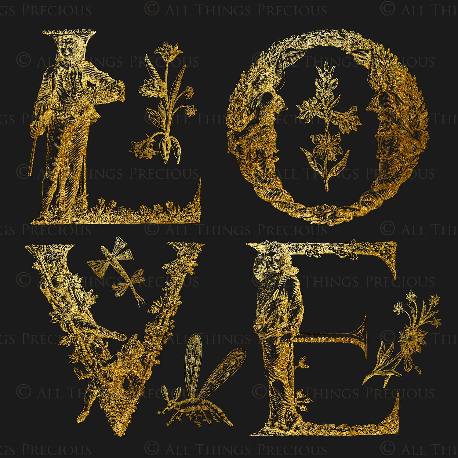 Gold MEDIEVAL ALPHABET, Insects & Florals - Clipart