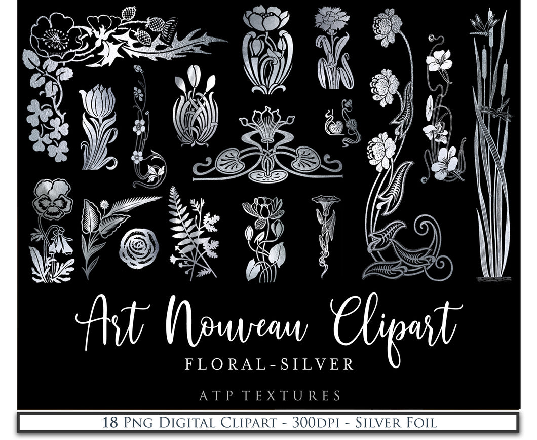 ART NOUVEAU SILVER FLOWERS - Clipart