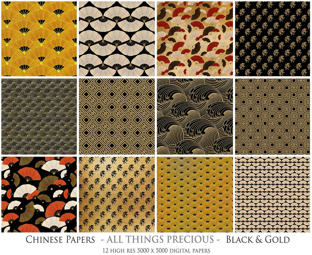 CHINESE PATTERN - GOLD & BLACK Digital Papers Set 1