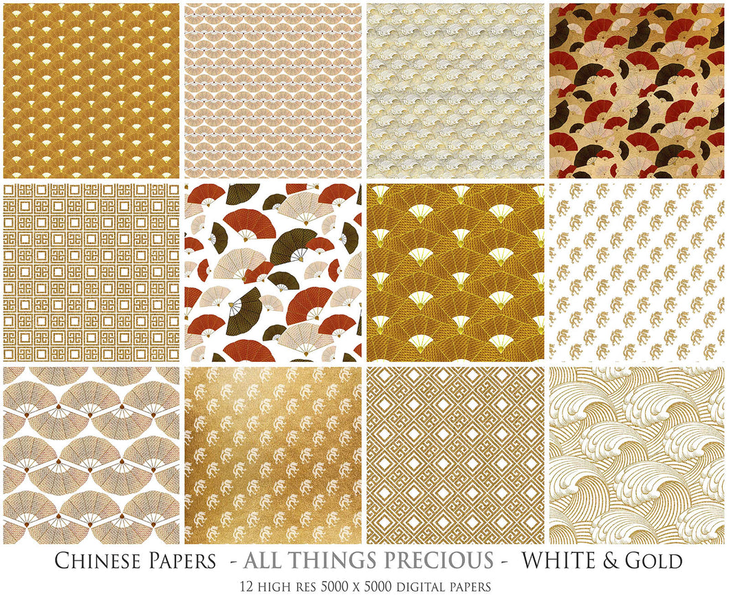 CHINESE PATTERN - GOLD & WHITE Digital Papers Set 3