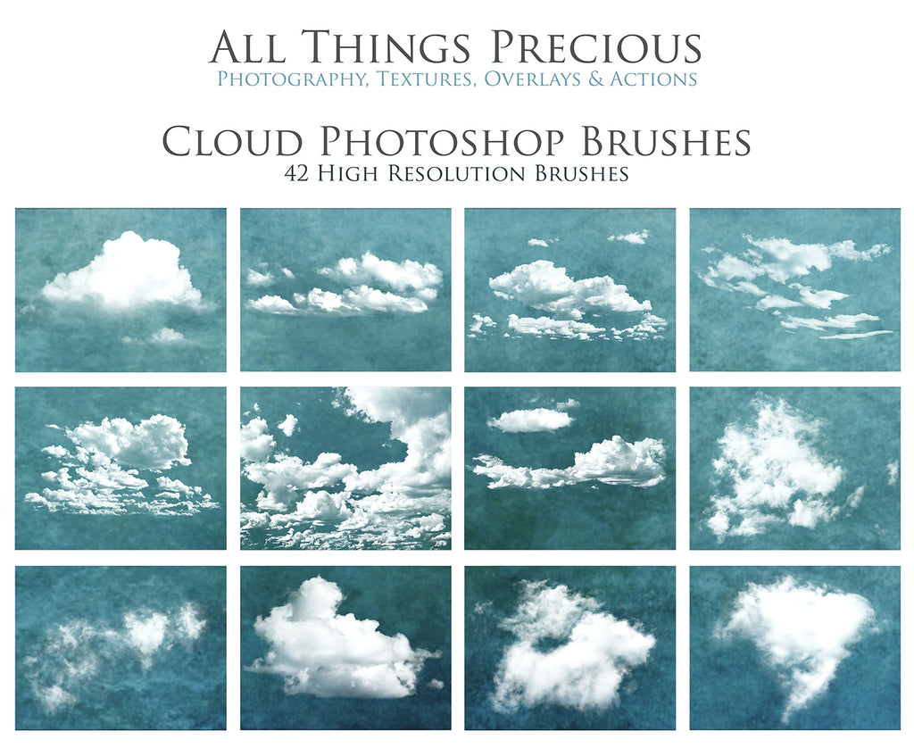 Cloud brushes for photographers. High Resolution Photoshop brushes for photography and digital design.  Digital Stamps for scrapbooking, create photo overlays and use in graphic design. Assets and Add ons. High resolution digital files.  ATP Textures 