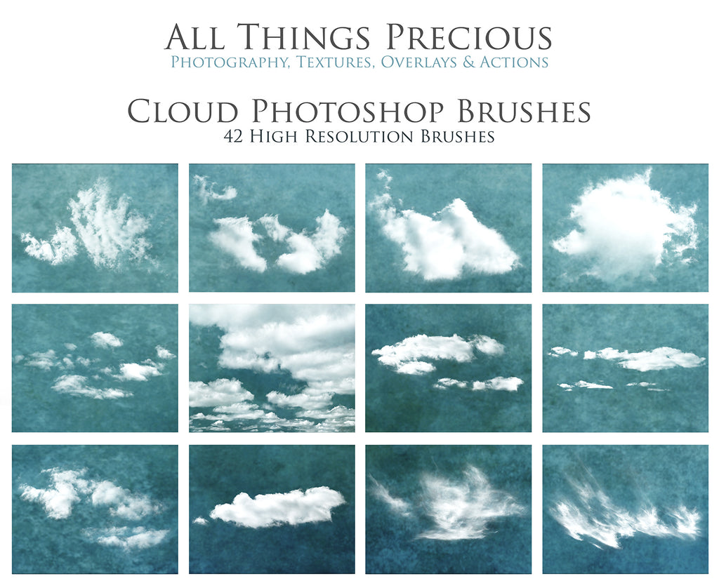 Cloud brushes for photographers. High Resolution Photoshop brushes for photography and digital design.  Digital Stamps for scrapbooking, create photo overlays and use in graphic design. Assets and Add ons. High resolution digital files.  ATP Textures 
