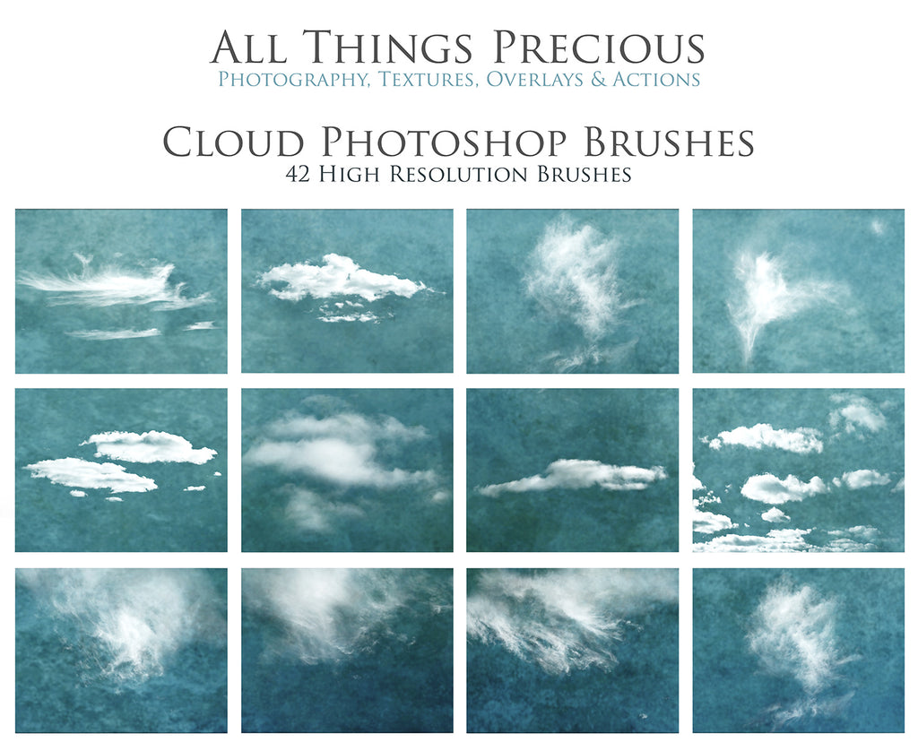Cloud brushes for photographers. High Resolution Photoshop brushes for photography and digital design.  Digital Stamps for scrapbooking, create photo overlays and use in graphic design. Assets and Add ons. High resolution digital files.  ATP Textures 