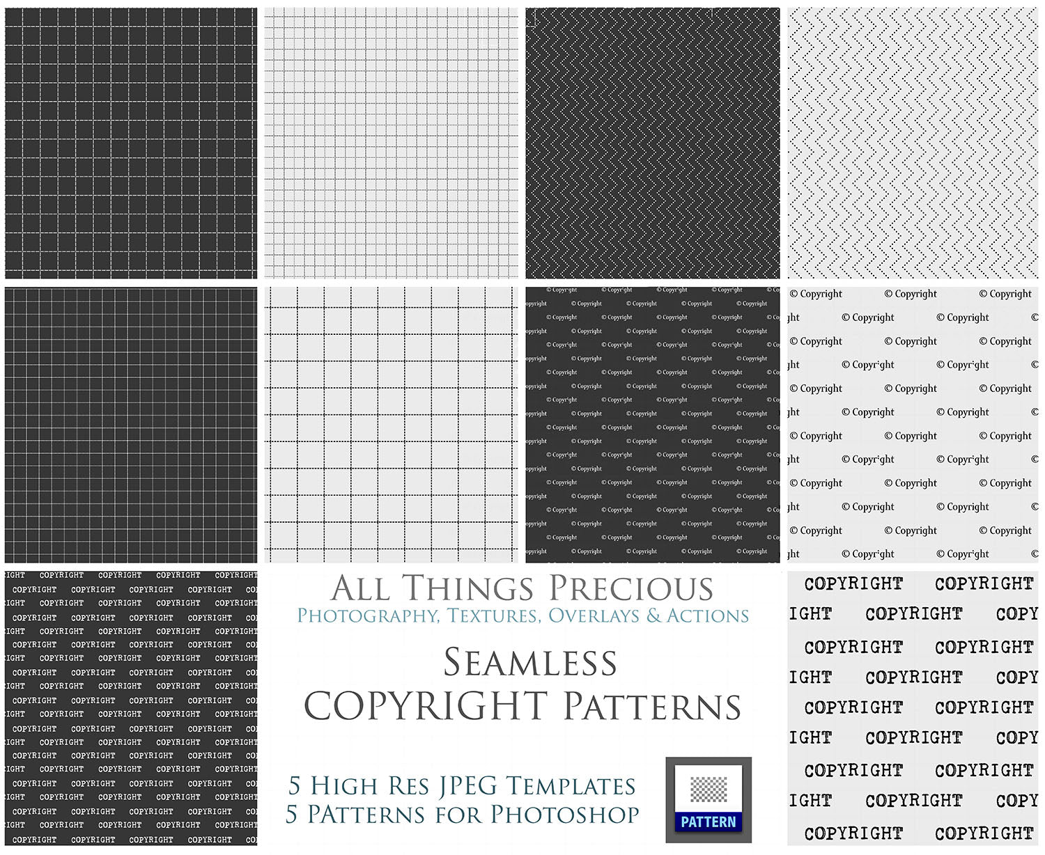 Copyright and Watermark Overlays with seamless Photoshop Patterns! A great way to protect you work.This includes transparent PNG pattern Overlays for photographers and graphic Artists. Digital assets for photography. ATP Textures