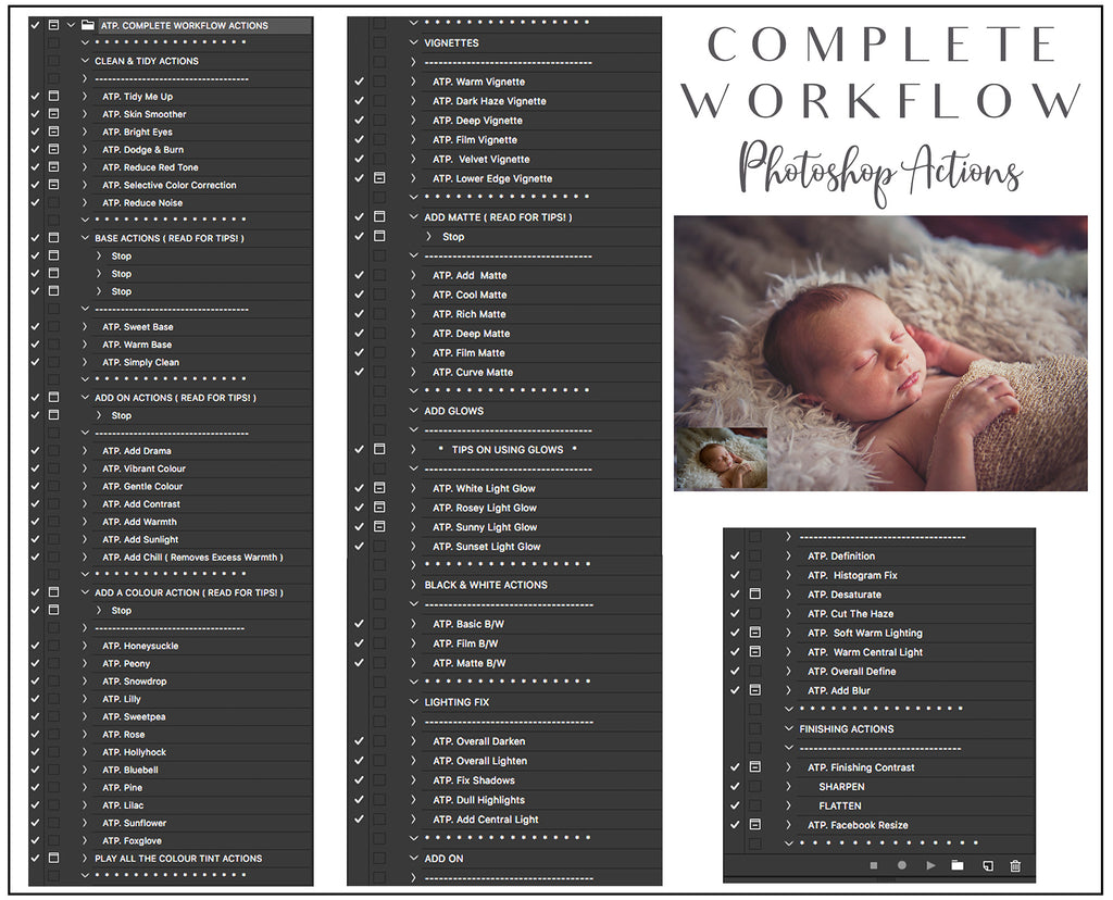 Photoshop Actions for Photography Edits. PS atn files are compatible with all versions of PS CS6. Photoshop Actions for professional photographers, photo edits and Instagram influencers. Warm, Rich, Light, Matte. For Wedding, Newborn, Studio Photography. By ATP Textures