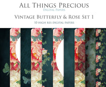 Load image into Gallery viewer, VINTAGE ROSE &amp; BUTTERFLY Digital Papers Set 1
