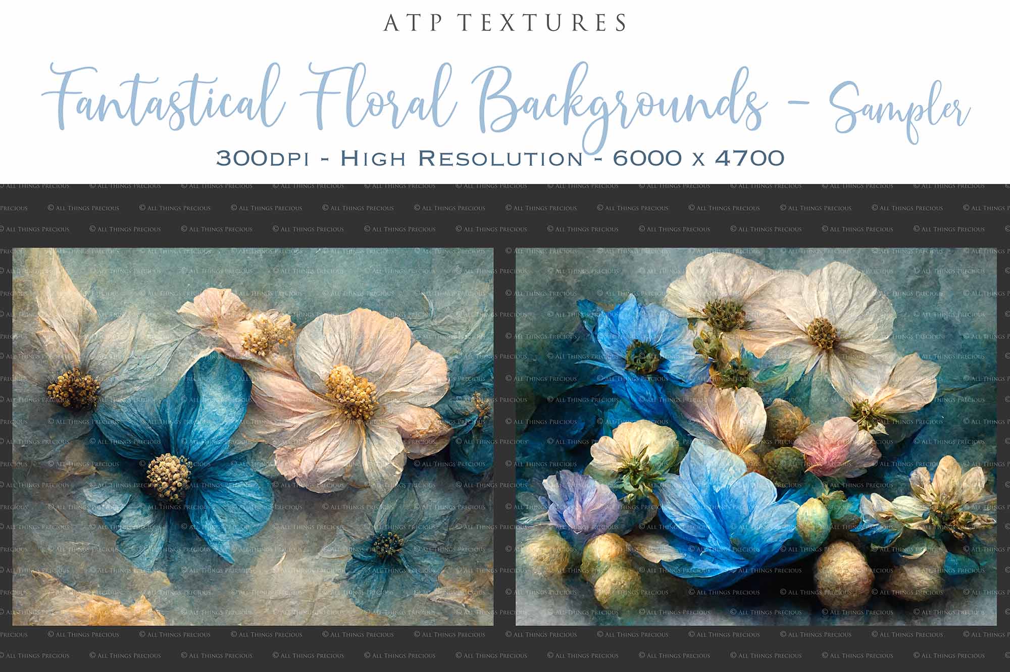 AI Digital - 12 FANTASTICAL FLORAL BACKGROUNDS - Set 2 - BLUE