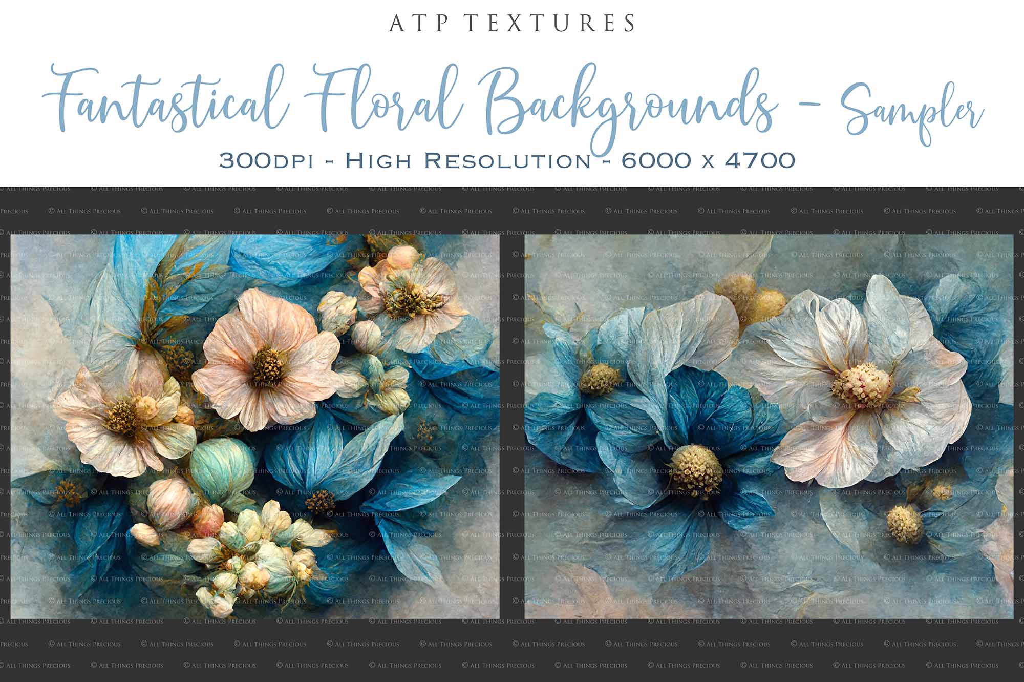 AI Digital - 12 FANTASTICAL FLORAL BACKGROUNDS - Set 3 - BLUE