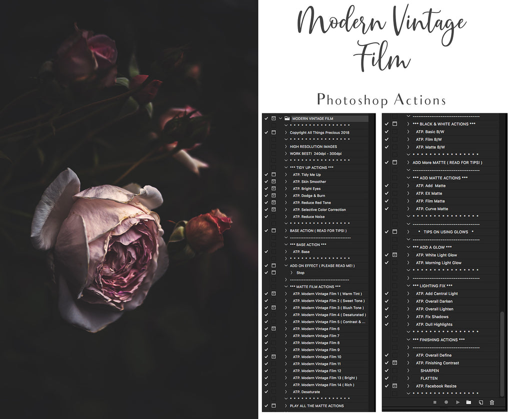 Photoshop Actions for Photography Edits. PS atn files are compatible with all versions of PS CS6. Photoshop Actions for professional photographers, photo edits and Instagram influencers. Warm, Rich, Light, Matte. For Wedding, Newborn, Studio Photography. By ATP Textures