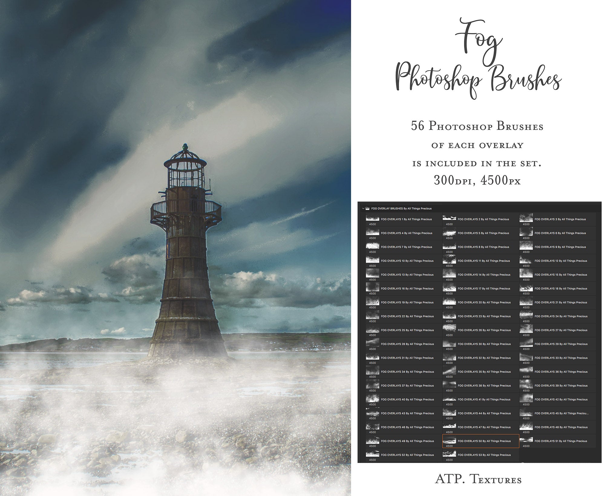 This set of Overlays & Photoshop Brushes includes 56 fog overlays all different and unique! Photoshop brushes with overlays for photography and digital design. Digital Stamps for scrapbooking, photography and graphic design. Realistic photography. Assets and Add ons. High resolution. ATP Textures