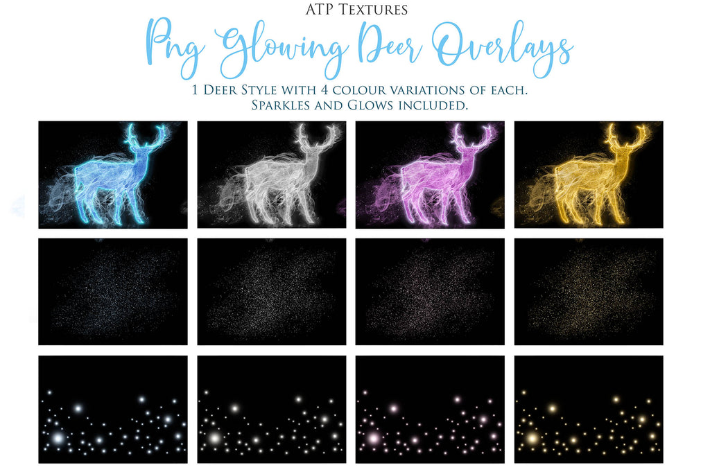 Overlays. Png deer style with 4 colour variations. A total of 16 png overlays. 1 PSD template and Video tutorial. ATP Textures. Graphic Assets and digital art design for Photographers. ATP Textures.