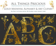 Load image into Gallery viewer, Gold MEDIEVAL ALPHABET, Insects &amp; Florals - Clipart
