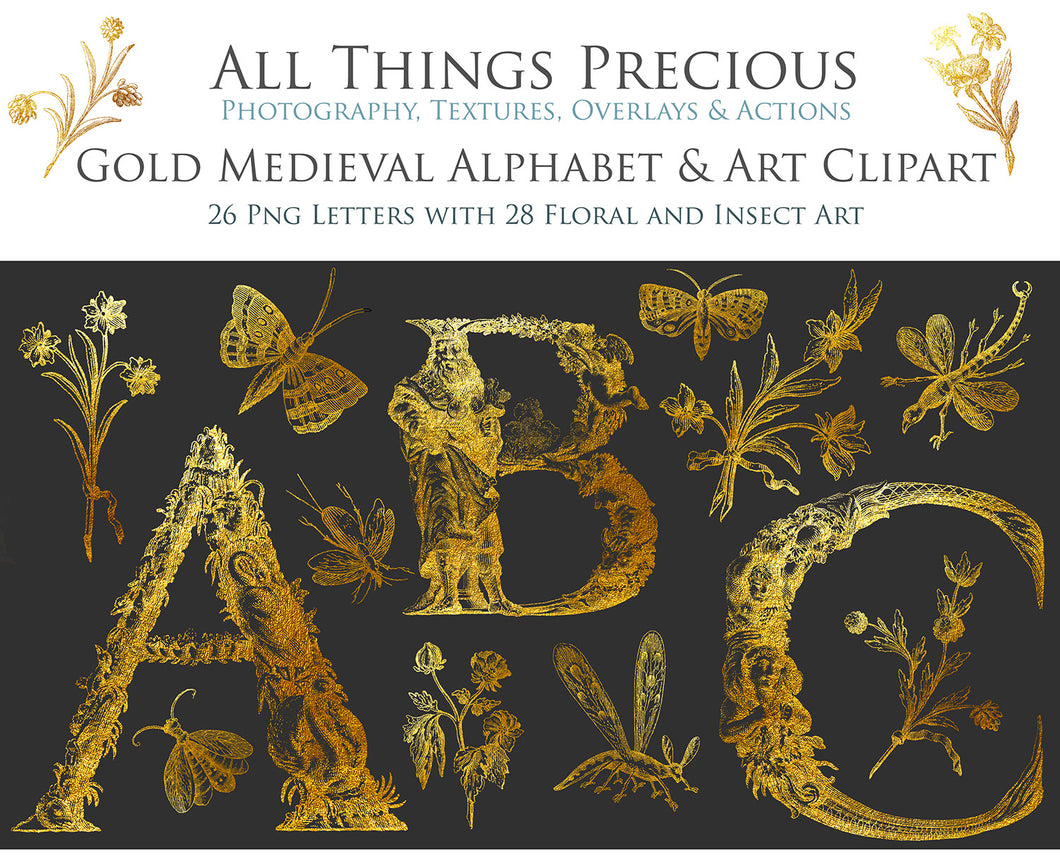 Gold MEDIEVAL ALPHABET, Insects & Florals - Clipart